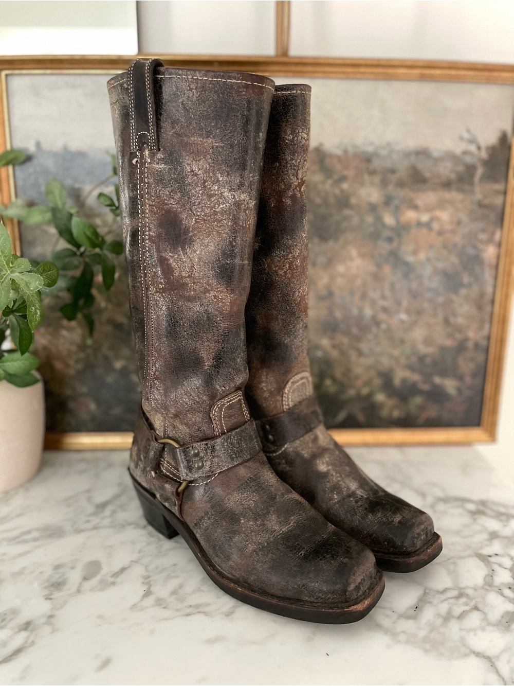 Frye Harness Boots Tall Distressed Leather Brown Taupe Biker Moto Western